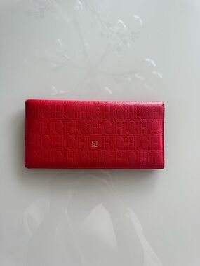 Carolina Herrera Embossed Red Leather Continental Wallet with Gold CH